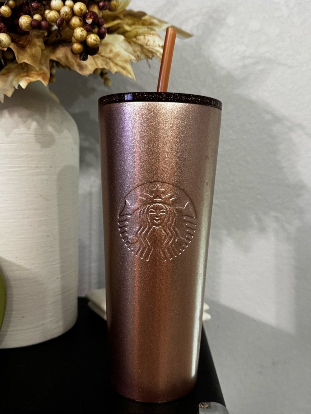 Starbucks Metallic Rose Gold Tumbler with Matching Straw